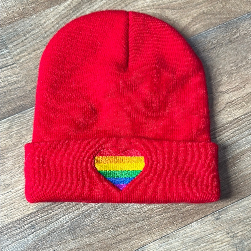 Red Knit Beanie with Rainbow Heart Embroidery – Never Worn